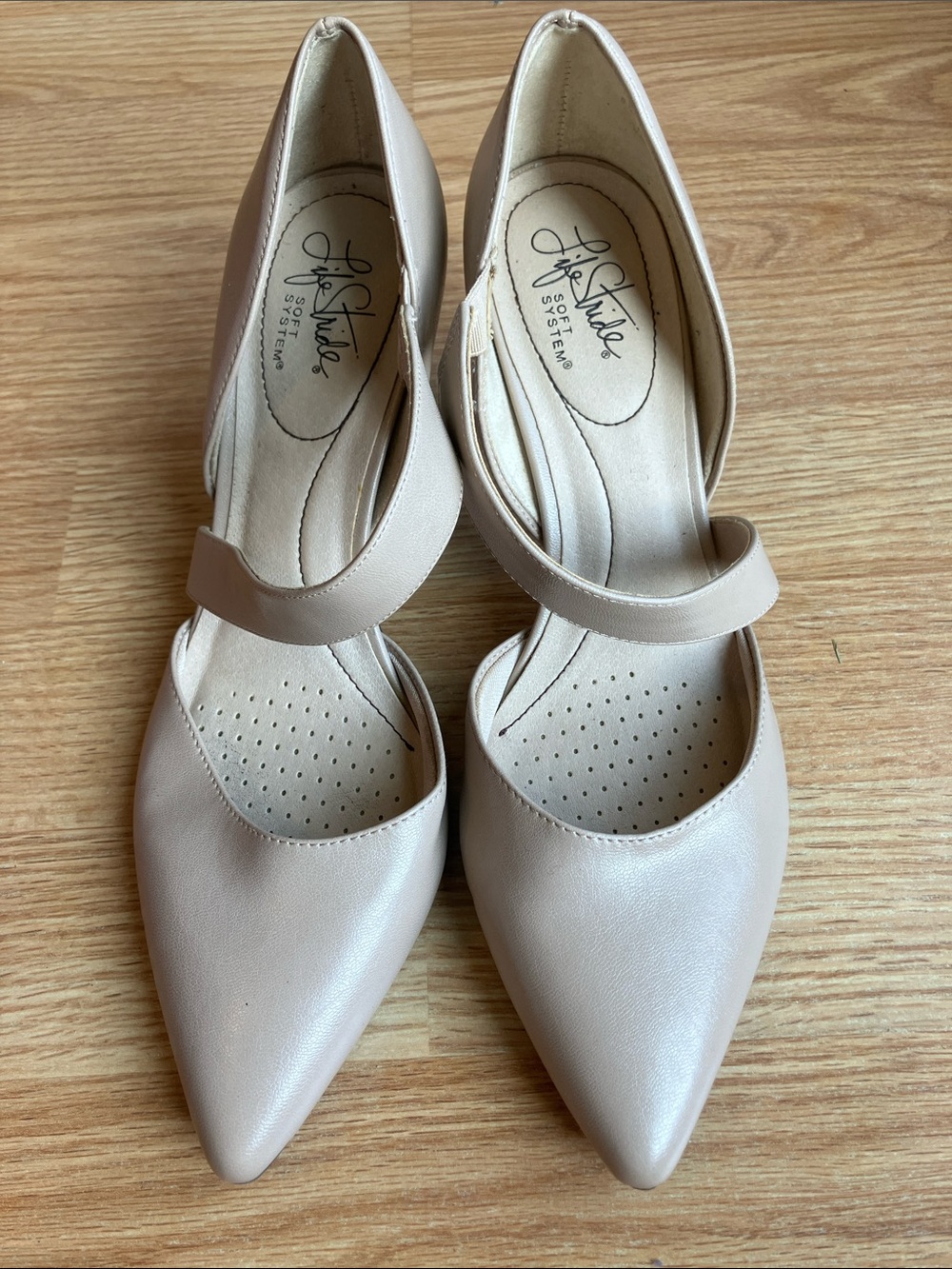 Life Stride Beige Pointed-Toe Mary Jane Flats